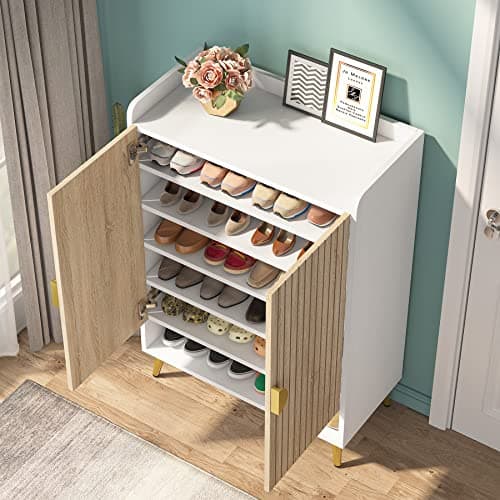 Tribesigns Shoe Cabinet with Doors, 7-Tier Shoe Storage Cabinet with Adjustable Shelves, Wooden Shoes Rack Shoe Storage Organizer for Entryway, Hallway, Closet, Living Room, Wood and Gold 7