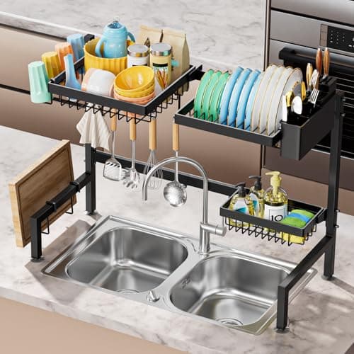 YKLSLH Over The Sink Dish Drying Rack 2 Tiers, for All Sinks (26.57"-35"),Expandable Large Capacity Sink Rack, Metal Drying Rack for Kitchen and Family Use 5