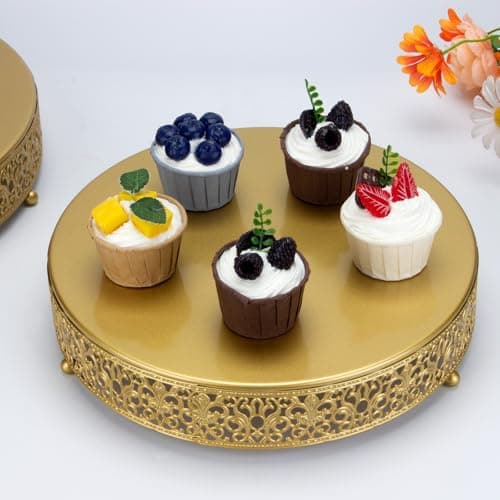 KVMORZE 11.8 ‘’ Gold Cake Stand, Metal Cupcake Dessert Stand Cake Display Holder, Cookies Fruit Serving Tray Decor Candy Table Display for Wedding Party Birthday Housewarming Anniversary (11.8in) 5