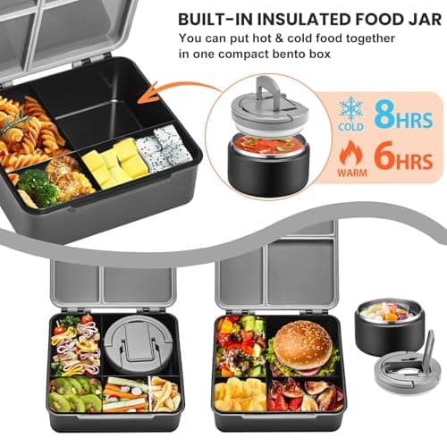 Bento Lunch Box with 8oz Soup Thermo,Kids Leakproof 4 Compartment Lunch Food Containers with Sauce Cup and Ice Pack,Kids Thermo Insulated Hot Food Jar and Lunch Bag for School,Trvael-Black 2