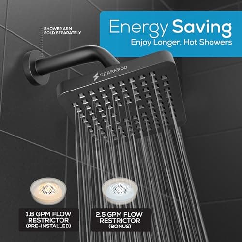 SparkPod Shower Head - High Pressure Rain - Premium Quality Luxury Design - Easy Clean Adjustable Replacement for Your Bathroom Shower Heads (Midnight Black Matte, 6 Inch Square) 6