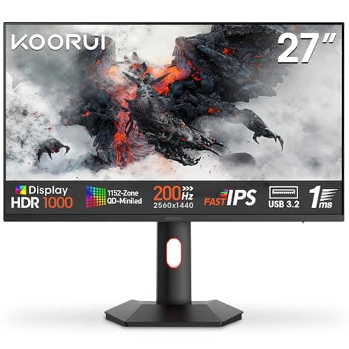 KOORUI Monitor, 27” 1ms 200Hz Gaming Monitor, Mini-LED Panel- 1440P WQHD 300000:1 Contrast Ratio Computer Screen, HDR 1000 Display, 97% DCI-P3, Tilt Adjustable, HDMI/DP, Eye Care