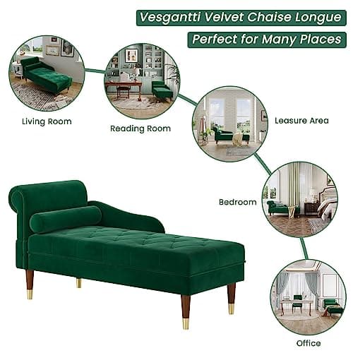 Vesgantti 59" Velvet Chaise Lounge Indoor,Upholstered Furniture Lounge Chair with Left Armrest & Lumbar Pillow, Button Tufted Lounge Sofa for Living Room Bedroom Office,Tool-Free Assembly(Green) 6