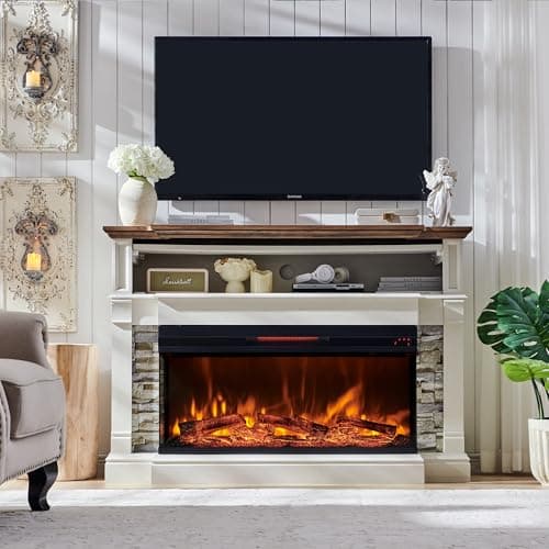 OKD 52" Electric Fireplace with Mantel, Freestanding Fireplace Heater TV Stand with 36" 3-Side Glass Insert for TVs Up to 65" with Storage Cabinet for Living Room, Antique White 6