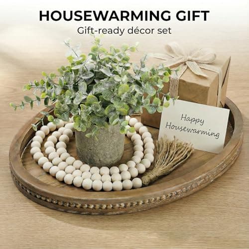 16" x 11.8" Oval Wood Decorative Tray with 58" Bead Garland, Farmhouse Coffee Table & Kitchen Island Décor, Rustic Brown Entryway Console Tray for Styling, Candles & Small Items 8