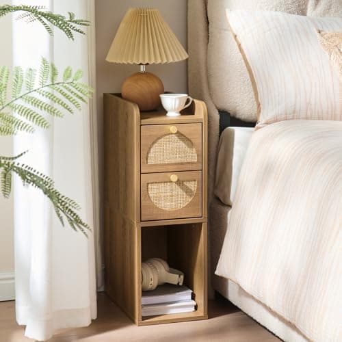 WINWY Narrow Nightstand (Rattan & Wood) - Small Bedside Table with 2 Drawers, Open Shelf, Mid Century Modern End Table - for Bedroom, Living Room & Small Spaces, Rustic Oak Rattan