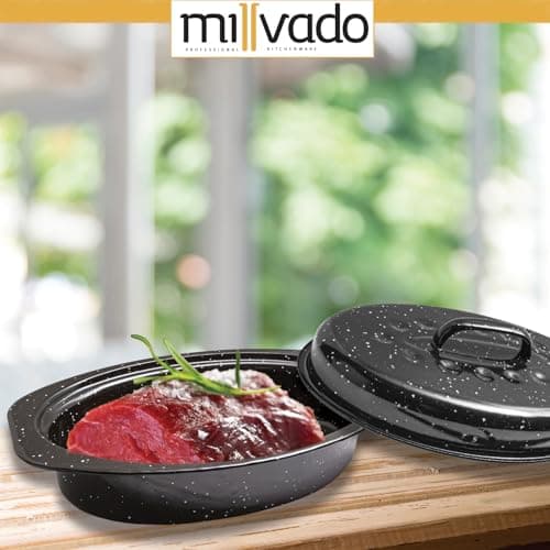 Millvado Roasting Pan With Lid, Turkey Roaster Pan, 13" Granite Oven Roaster Oval Shaped Speckled Enamel on Steel Cookware 7