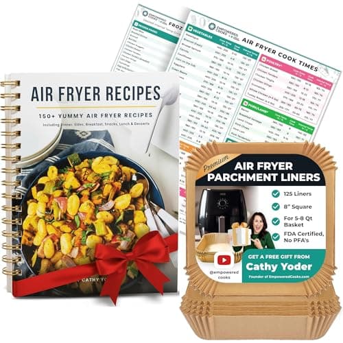 Cathy Yoder's Pine & Pepper Air Fryer Cookbook, Airfryer Magnetic Cheat Sheet, and Air Fryer Liners - 150+ Meals, 125PCS 7.9-inch Square, Quick Guide Internal Food Temp for Almost 90 Popular Food