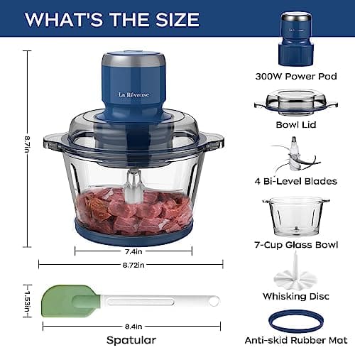 La Reveuse Food Processor,Electric Food Chopper with 7-Cup (1.7L) Glass Bowl, 4 Bi-Level Blades for Chopping,Grinding,Mincing,Whisking,Meal Prep,300W,Blue 5