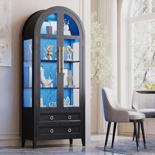 Vlsrka 71" Arched Display Cabinet with Glass Doors, 4-Tier Curio Cabinet with 3 Color Lights for Collectibles, Glass Display Case with Human Body Sensor, Display Shelf with 2 Drawers, Black