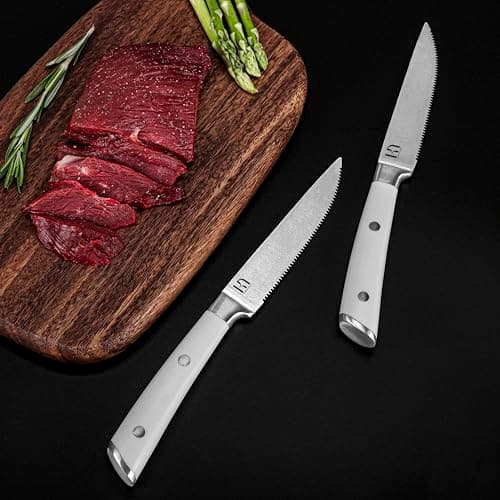 KnifeSaga Knife Set, Premium 15 Piece Japanese High Carbon Stainless Steel Knives Set for Kitchen with Block and Sharpener, Razor Sharp Kitchen Knife Block Sets with Ergonomic Full-tang Handle, White 8