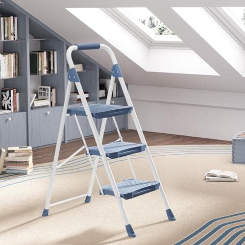 KINGRACK 3 Step Ladder, 900lbs Sturdy Step Stool with Handrail, Non-Skid Wide Pedals, Foldable 3 Stepladder with Safety Locking for Home, Garage, Garden, Office, Blue 5