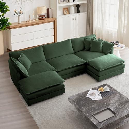 mikibama Modular Sectional Sofa, 111.5 Inch U Shaped Couch Set for Living Room, 3-Seater Comfy Cloud Couches with Movable Ottoman, DIY Combination, Chenille, Evergreen
