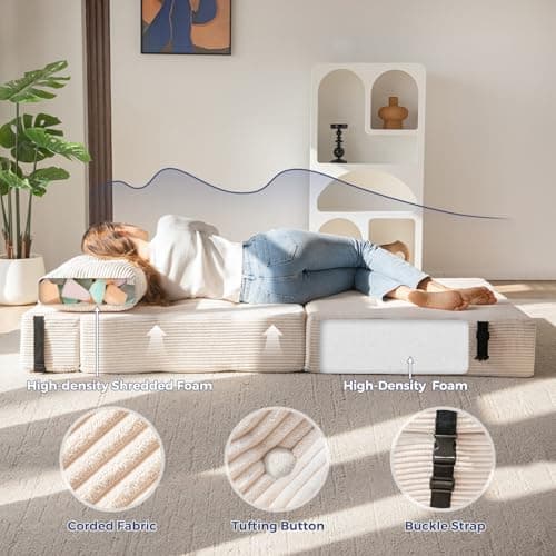 MAXYOYO Folding Sofa Bed, Convertible Sofa Bed with High-Density Support Foam, Portable 4 in 1 Fold Out Chair to Floor Lounger, Versatile Floor Couch for Living Room Bedroom, Beige 9