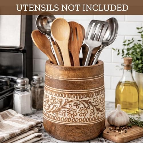 Mie Creations Farmhouse 7'' Large Utensil Holder for Kitchen Counter | Handcrafted Wooden Utensils Crock Cooking Spatula Organizer | Elegant Floral Utensil Caddy, Christmas Thanksgiving Decor- White 6