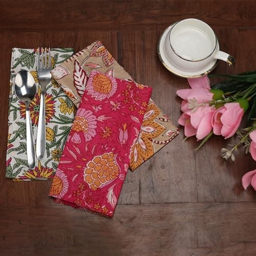 Marubhumi 10 Pc Cotton Cloth Napkins- Hand Block Print, Eco-Friendly, Dinner Napkins, Floral,Hand Made Size 16x16 Inch Printed Home Decor Multicolored 5