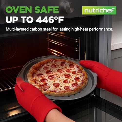 NutriChef 3-Piece Pizza Tray Set with Silicone Handles - Round Nonstick Pizza Pan with Perforated Holes, Durable Carbon Steel, Small, Medium, Large Sizes - Ideal for Crispy, Evenly Baked Pizzas (Gray) 7