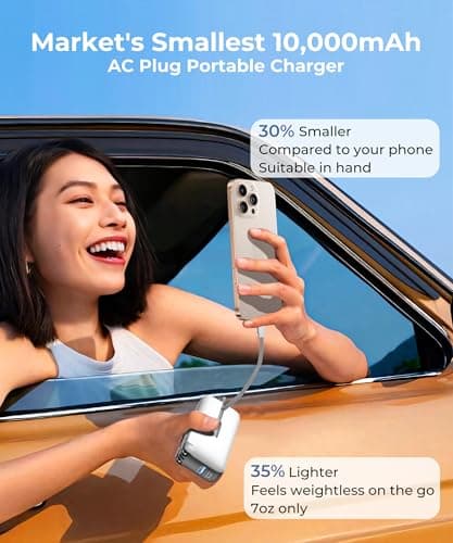 JOYFAR Portable Charger with Built-in USB-C Cable & Plug, 10,000mAh 5V/4.5A Power Bank Fast Charging 22.5W, Travel Essential Battery Pack 3 Output for iPhone 16/15 Series, Samsung Galaxy, iPad, 1 Pack 5