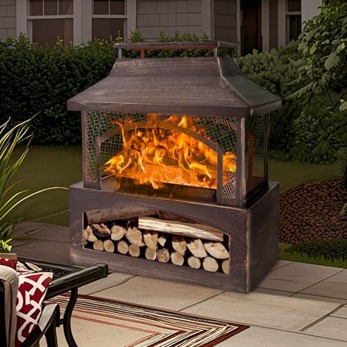 37" Outdoor Fireplace, Wood Burning Fire Pits with Wood Storage and Removable Fire Grill, Chiminea Outdoor Fireplace for Patio, Garden, Party, Camping 7