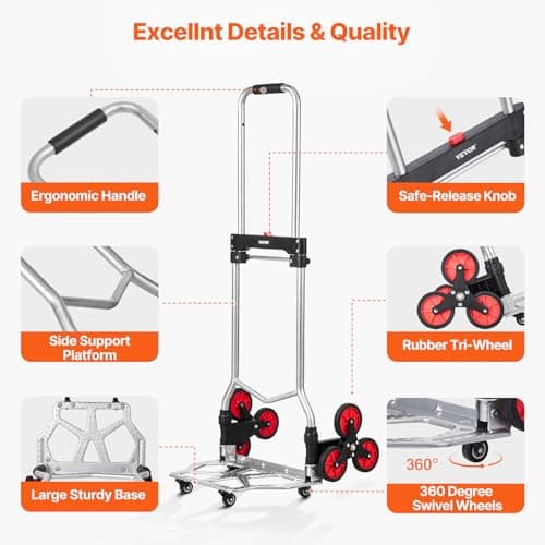 VEVOR Stair Climbing Cart, 260 lbs Capacity Stair Climber Hand Truck and Dolly, Heavy-Duty Folding Trolley Cart with Telescoping Handle, 10 Wheels & 2 Elastic Ropes for Home Shopping Moving Warehouse 6