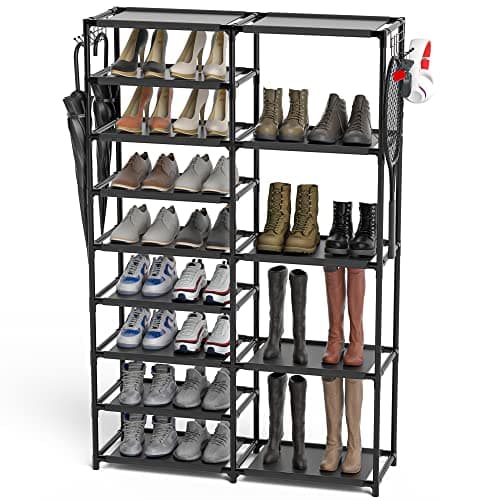CSXGBAB Tall Garage Shoe Rack Large Capacity,Two Rows Versatile Hooks Storage Boot Shelf Black 24-35 Pairs