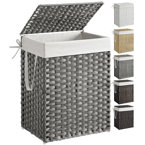 SONGMICS Laundry Hamper with Lid, 23.8 Gallon (90 L) Synthetic Rattan Clothes Laundry Basket with Lid and Handles, Foldable, Removable Liner, Dove Gray ULCB51WG