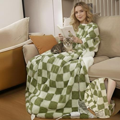 Silver Island Snuggle Heated Blanket Throw with Foot Pockets for Cold Feet, Electric Lap Blanket with 4 Heating Levels, Auto Shut-Off, Machine Washable, ETL & FCC Certified, for Women(Green White)