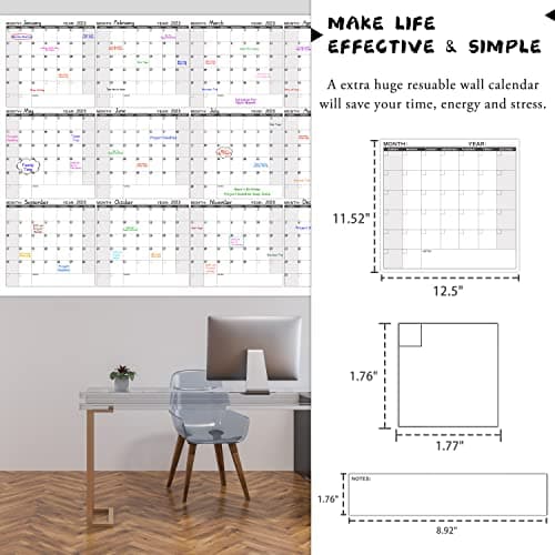 Lemome Home Large Dry Erase Calendar for Wall – Yearly Wall Calendar Dry Erase, 58" x 37", 12-Month Undated Reusable Laminated Calendar - 12-M Black 5