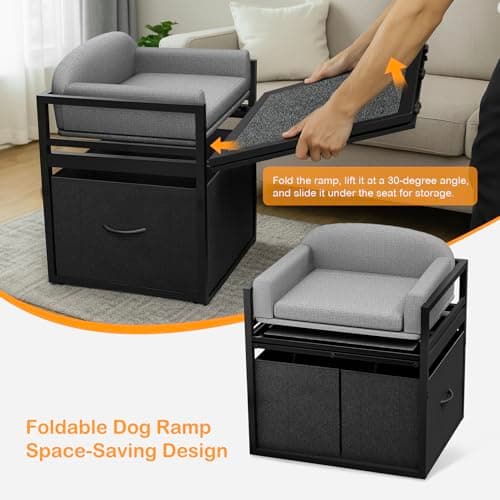 Clioran Non Slip Dog Ramp with Seat & Storage Drawers,Extra Wide Doggie Stairs,Metal Frame Puppy Chair for High Bed Couch Office,Dachshunds Ladder,Washable Cushion Pet Step for Small Old Pets Grey 6