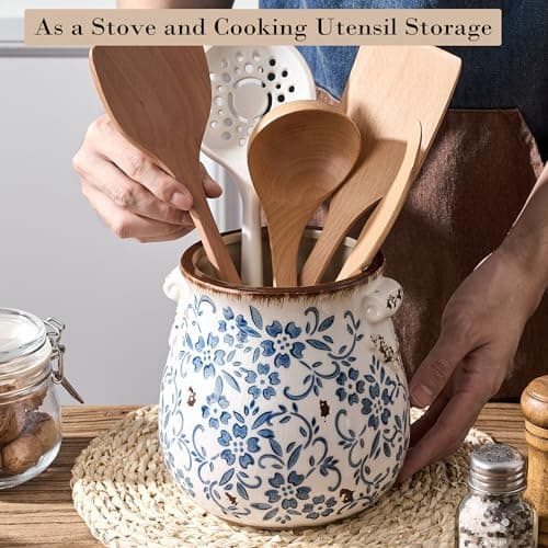 Utensil Holder for Kitchen Counter, Modern Farmhouse Rustic Cooking Utensil Holder and Crock, Exquisite Chinoiserie Floral Ceramic Utensil Organizer for Home Kitchen Decor- Blue and White Porcelain 5