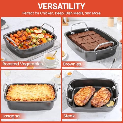 24lb Carbon Steel Nonstick Roasting Pan with Rack - BPA Free, Leak-Proof, 450°F Heat Resistant (17x13x4in) | Oil-Draining, Dishwasher Safe for Thanksgiving Christmas Turkey 8