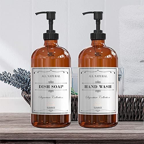 Sunrise Premium, 16 OZ Thick Amber Glass Soap Dispenser with Pump 2 Pack, Hand and Dish Soap Dispenser Set for Bathroom with 6 Waterproof Labels 7