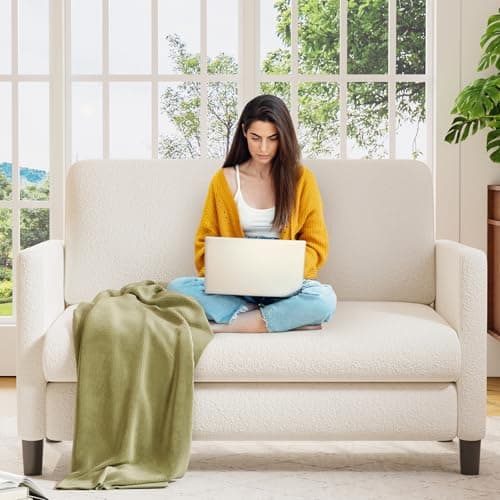 Welzona Loveseat Sofa, 51" Love Seat, Comfy Teddy Small Loveseat for Small Spaces, Tool-Free Setup Sofa Couch for Bedroom, All-Wood Couches for Living Room, No Pillow Included, Beige