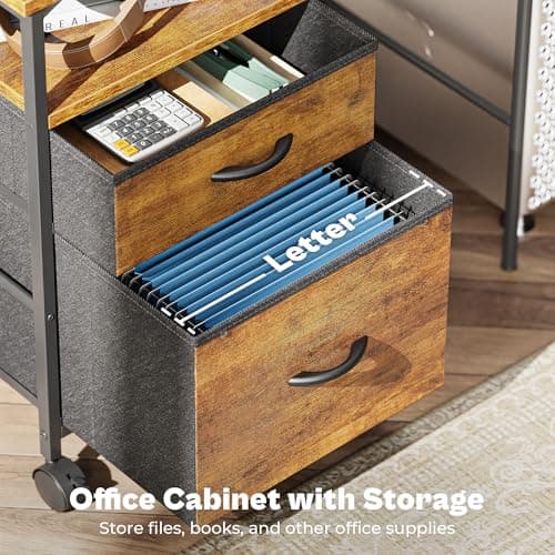 Huuger File Cabinet with Power Outlets, 2 Drawer Filing Cabinet, Printer Stand with Storage, Rolling File Cabinet with Lockable Wheels/Adjustable Feet, Open Shelf, Wood Top, Rustic Brown 6