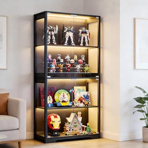 Aauro Home Display Cabinet with Glass Doors, Curio Cabinet with 3 LED Lights and Human Body Sensor, Bookcase with 4 Shelves Storage Cabinets, Black 5