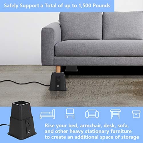 Butizone Bed Risers with Power Outlet and USB Ports, Adjustable Heavy Duty Furniture Riser Lifts in Heights of 3, 5 or 8 Inches for Sofa and Table, Supports up to 1,500 lbs Set of 4, Black 5