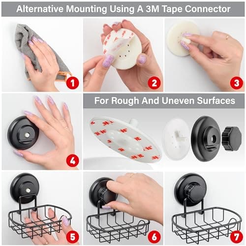 HASKO 2 Pack Suction Cup Soap Dish for Shower Wall, Rustproof Stainless Steel, Shower Soap Holder with Hooks, Includes Optional No Drill Adhesive Mount for Bathroom, 2 Soap Savers, Black 7