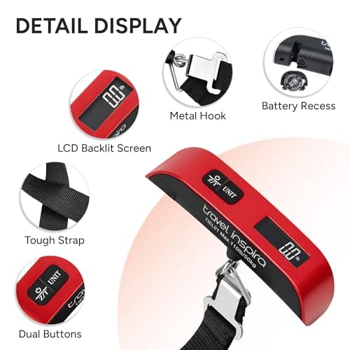 travel inspira Luggage Scale, Portable Digital Hanging Baggage Scale for Travel, Suitcase Weight Scale with Rubber Paint, 110 Pounds, Battery Included - Red 9