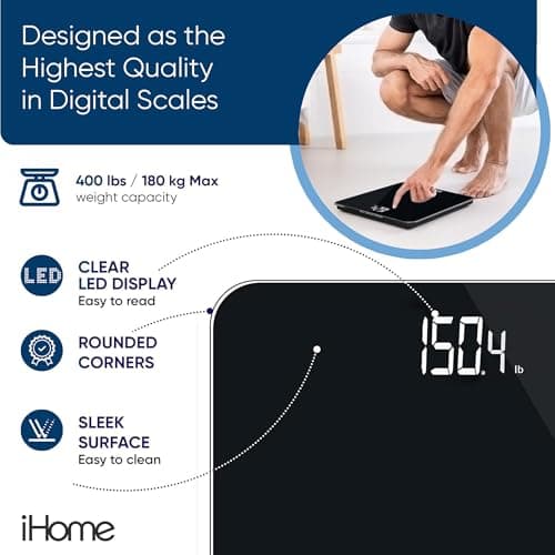 iHome Digital Scale, Bathroom Scale, Batteries Included, Scale Body Weight, Weight Scale, Bathroom Scales for Weight, Digital Scales for Body Weight (Black) 6