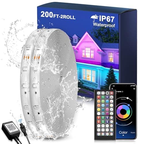 Fussion Outdoor LED Strip Lights Waterproof 200FT (2 Rolls of 100FT) with Remote, RGB LED Light Strips Music Sync Color Changing Christmas House Rope Lighting for Outside