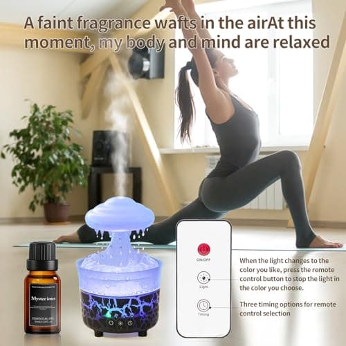 BOHOFAM Aroma Essential Oil Diffuser,Rain Cloud humidifier Simultaneously Water Drip and Air Mist,Rain Diffuser with 4 Hotel Collection Essential Oils for Home,Bedroom,Colorful Light(Black) 6