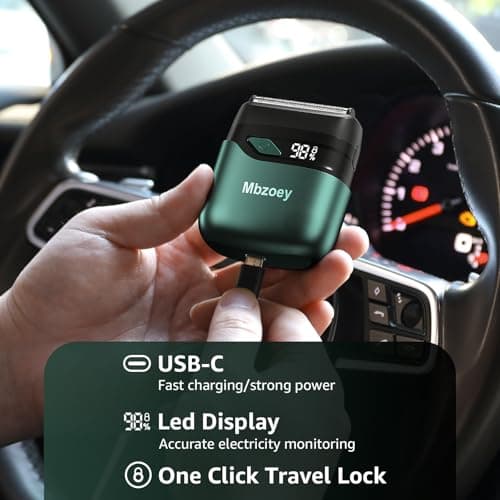 Electric Foil Shavers for Men, Mini Electric Razor, Compact Face Shaver, IPX7 Waterproof Wet Dry Cordless Razor, LED Display, USB-C Fast Rechargeable, Emerald Green 5