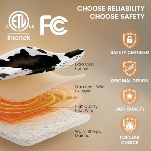 blunique Heated Blanket Throw Blanket - Fast Heating Electric Blanket, Soft Flannel Heated Throw with 4 Time Settings, 10 Heating Settings, Warm Gifts for Women & Mom & Grandma(50"x60"Cow Print White) 5