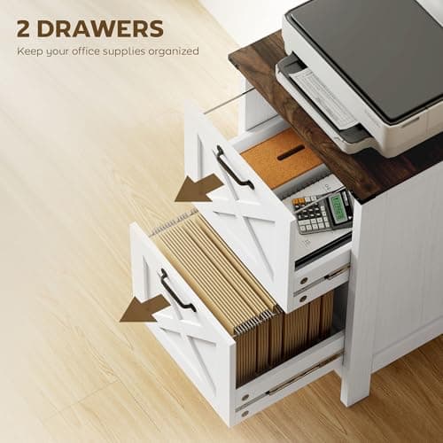 HOMCOM 2 Drawer Vertical File Cabinet with Silent Slides, Rustic Farmhouse Filing Cabinet with Barn Doors for A4/Letter Size, Printer Stand with Storage for Home Office, Distressed White 5