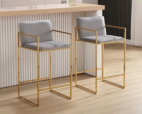 LIVINOVA Modern Gold Counter Height Bar Stools Set of 2, 25.5 Inch Velvet Upholstered Bar Stools with Back and Armrest, Counter Chairs Barstools for Kitchen Island, with Gold Metal Frame, Grey