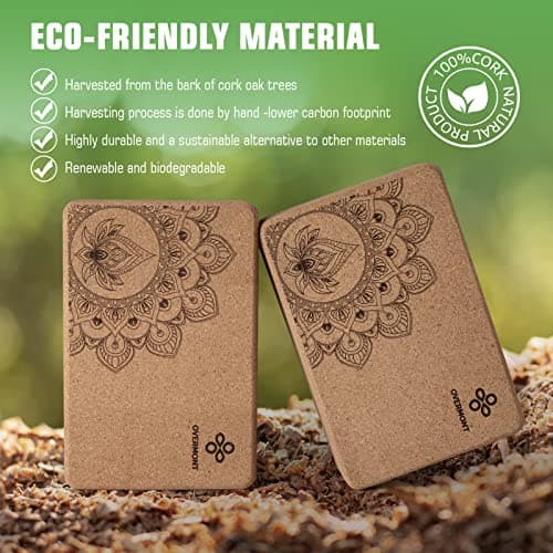 Overmont Cork Yoga Blocks 2 pack with 8ft Strap Natural Cork Bricks- High Density & Eco Friendly Yoga Accessories for Women - Ideal for Yoga Pilates General Fitness and Stretching 9x6x3'' 6