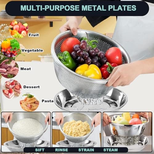 ATPWONZ 4+3 Stainless Steel Colander Set, 4 Sizes (1.8 qt, 2.3 qt, 3 qt, 4 qt) with 1 Mesh Strainer + 2 10-inch Stainless Steel Round Plates, for Washing Rice, Fruits, Vegetables, Draining Pasta, Meat 5