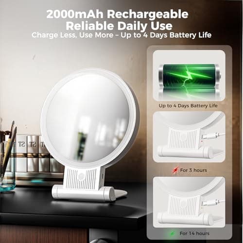 tubbede 1X/30X Lighted Makeup Mirror with Magnification, Double-Sided Switch, 3-Color Lights, 2000mAh Rechargeable, Adjustable Brightness, Makeup Mirror with Lights for Vanity Table or Bathroom 7