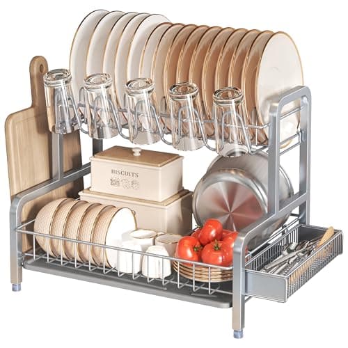 BOOSINY 2 Tier Dish Drying Rack and Drainboard Set, Large Stainless Steel Dish Drainers for Kitchen Counter, Dish Strainer Shelf with Cup Holder（Grey）