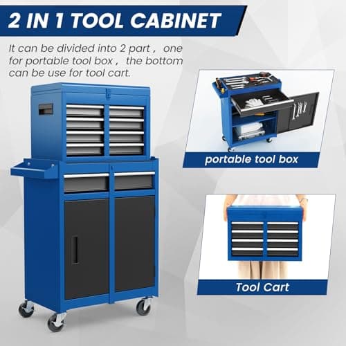 ERGOMASTER Tool Chest Heavy Duty Rolling Tool Box with Cabinet 5-Drawer for Lockable & Removable Cabinet for Garage and Workshop - Blue 7